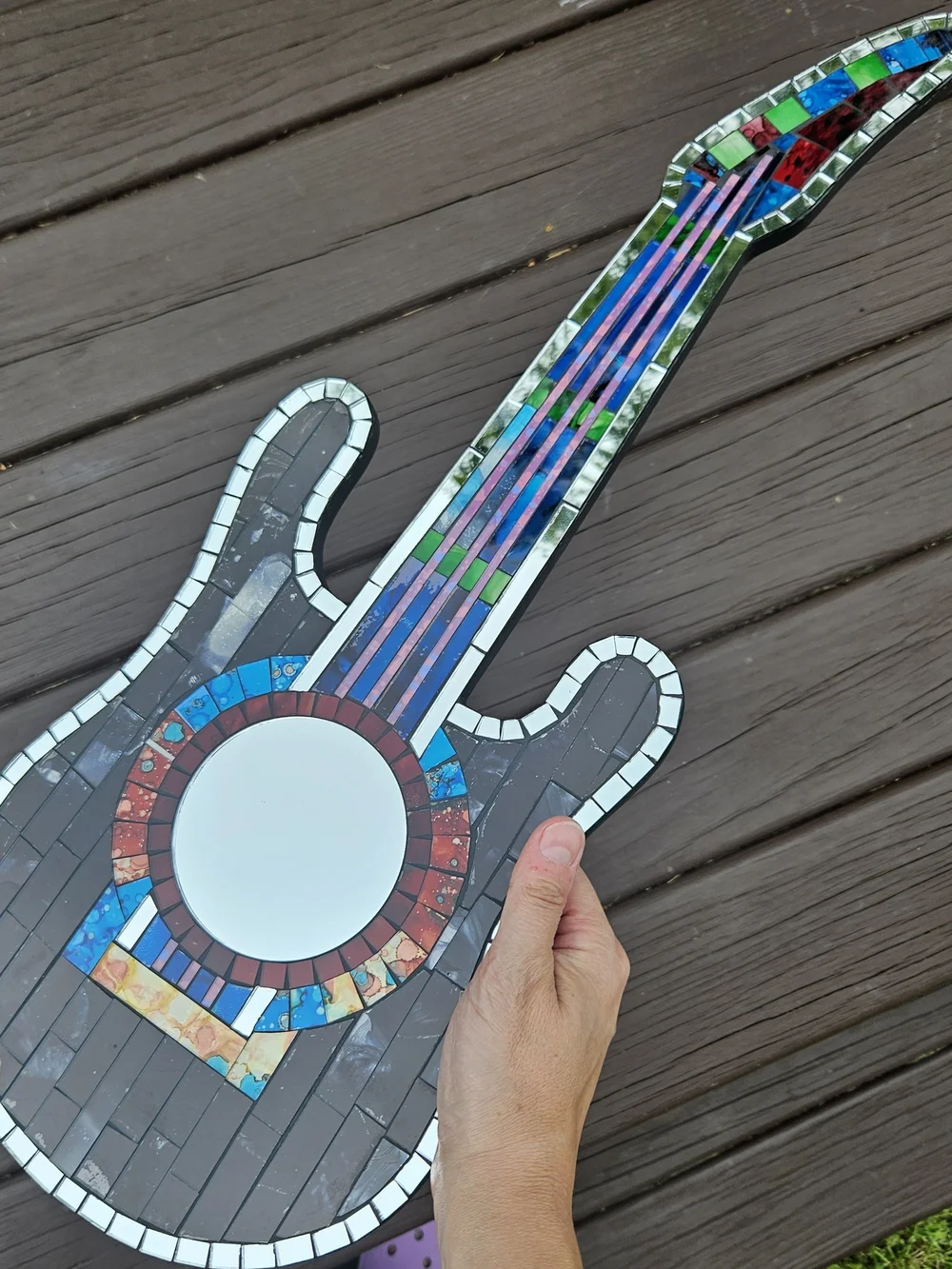 Handcrafted Mosaic Guitar Wall Mirror - Black with Multicolor Accents
